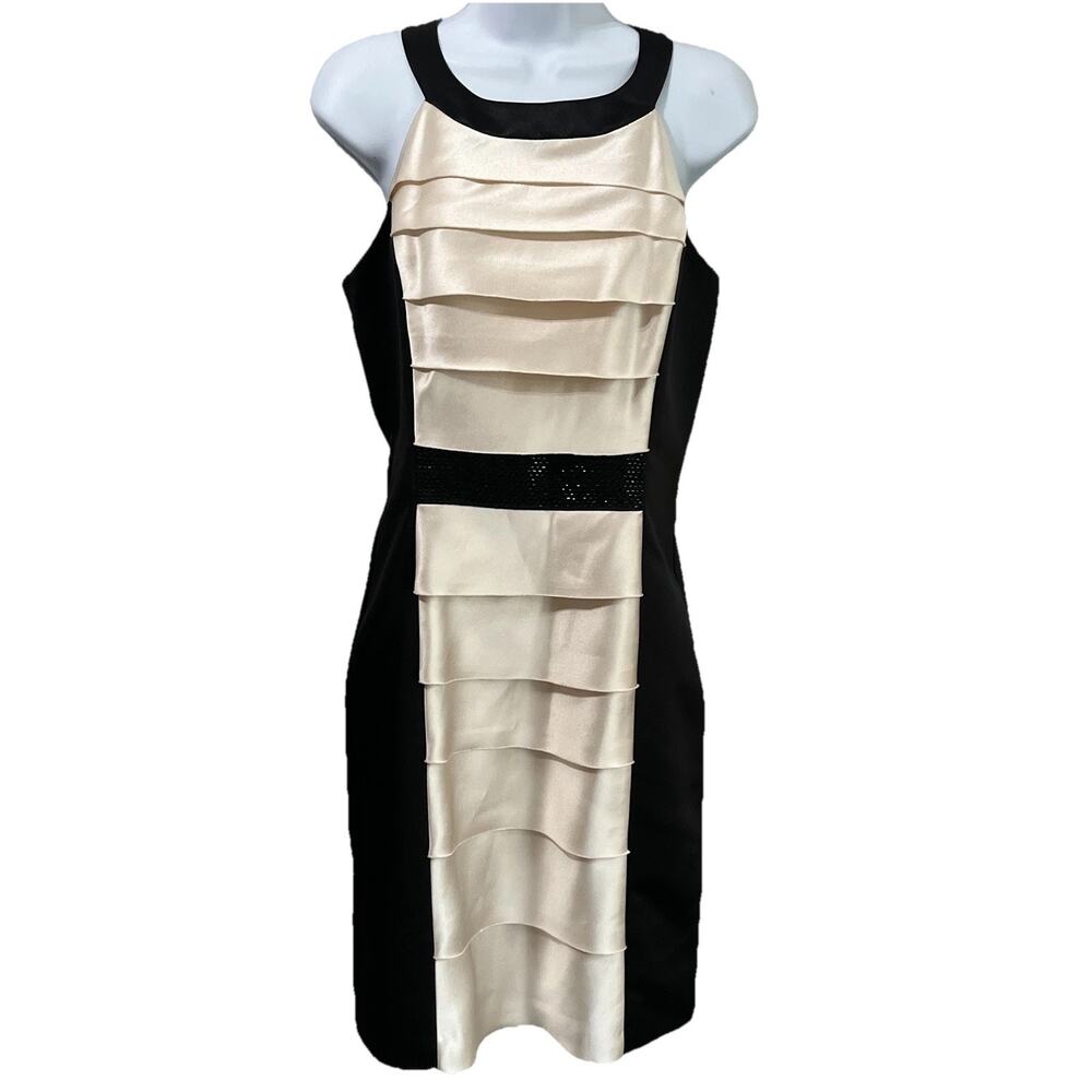 BCBG Paris Black Cream Tiered Satin Beaded Sheath Dress Sleeveless Size 8
